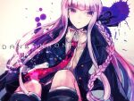  1girl aogiri_(fragment) black_jacket black_ribbon boots braid closed_mouth danganronpa:_trigger_happy_havoc danganronpa_(series) jacket kirigiri_kyoko long_hair long_sleeves looking_ahead necktie purple_eyes purple_hair red_necktie ribbon shirt solo splatter very_long_hair white_background white_shirt zipper 