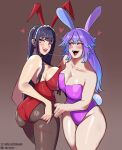  2girls absurdres akuma_nihmune animal_ears ass ass_focus ass_grab blue_hair breasts breasts_squeezed_together butt_crack cottontail_(vtuber) dark_blue_hair fang heterochromia highres large_breasts looking_at_another looking_at_viewer looking_to_the_side multiple_girls pink_hair rabbit_ears rabbit_girl rabbit_tail sharp_teeth smile tail teeth thighhighs thighs tiramisuu44 upper_teeth_only virgin virtual_youtuber yuri 