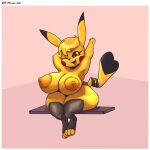 &lt;3 3_toes 5_fingers anthro big_breasts breasts brown_eyes clothing feet female fimouse_hd fingers fur generation_1_pokemon hi_res huge_breasts kanna_(joaoppereiraus) leggings legwear mostly_nude nintendo one_eye_closed open_mouth pikachu pokemon pokemon_(species) raised_arms sitting solo thick_thighs toes wink yellow_body yellow_fur
