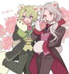  2boys animal_ears animal_hands ascot bear_boy bear_ears bear_paws black_jacket coattails collared_shirt commentary_request cosplay ensemble_stars! feet_out_of_frame floral_background flower gloves green_ascot green_hair green_jacket green_pants grey_hair hair_between_eyes hand_up highres jacket kemonomimi_mode long_hair long_sleeves looking_at_viewer male_focus meremero multiple_boys open_mouth pants parted_lips paw_gloves paw_shoes pink_flower pink_rose purple_eyes ran_nagisa red_eyes red_flower red_rose rose shirt short_hair smile standing standing_on_one_leg tomoe_hiyori translation_request white_shirt yuri_kuma_arashi 
