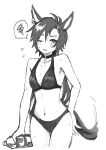  1girl absurdres air_shakur_(umamusume) animal_ears asymmetrical_bangs bare_shoulders bikini blush bottle breasts choker cowboy_shot cross cross_choker eyebrow_piercing flying_sweatdrops greyscale highres holding holding_bottle horse_ears horse_girl horse_tail looking_at_viewer monochrome navel one_eye_closed piercing samedonburi small_breasts solo spoken_squiggle squiggle sweat sweatdrop swimsuit tail umamusume 