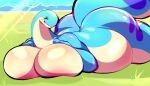 2024 anthro areola b33rka beach belly belly_squish big_breasts big_butt big_tail biped blue_body blue_markings blue_skin breast_squish breasts butt female glistening glistening_body grass hand_on_breast hi_res huge_breasts huge_butt lying markings multicolored_body multicolored_skin nude on_front on_grass outside overweight overweight_anthro overweight_female pal_(species) palworld plant relaxaurus sand seaside solo squish tail tan_body tan_skin thick_tail thick_thighs three-quarter_view water