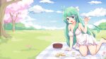  1girl absurdres bare_shoulders blue_sky blush breasts cake cherry_blossoms cloud day dress flower food grass green_eyes green_hair hair_between_eyes hair_ornament hair_ribbon highres holding long_hair looking_at_viewer mascot medium_breasts nyatrix open_mouth outdoors picnic ribbon rule34.xxx rule_34-tan sitting sky smile solo tree very_long_hair white_dress 