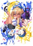  1girl aiming aiming_at_viewer ass bike_shorts blonde_hair boots bow breasts commentary_request dark-skinned_female dark_skin domino_mask elfriend_(shiranui_flare) finger_on_trigger full_body grin hair_bow highres hololive impossible_clothes impossible_shirt inkling large_breasts mask nabenabe3104 orange_eyes paint_stains ponytail shiranui_flare shirt skin_tight smile splatoon_(series) tentacle_hair 