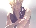  1boy black_shirt blonde_hair closed_eyes closed_mouth cloud_strife colored_eyelashes commentary_request demi_co eyelashes final_fantasy final_fantasy_vii final_fantasy_vii_advent_children highres holding male_focus ribbon shirt short_hair simple_background spiked_hair tying upper_body zipper 