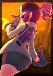  baseball_cap bike_shorts domino_mask from_behind glooga_dualies_(splatoon) hat highres ink_tank_(splatoon) inkling jacket mask md5_mismatch pointy_ears ponytail purple_eyes purple_hair splatoon_(series) splatoon_2 tentacle_hair weapon 