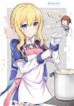  2girls apron azur_lane bangs blonde_hair blue_capelet blue_eyes blue_skirt blush bow braid bread brown_hair capelet chibi closed_mouth cooking eyebrows_visible_through_hair food french_braid fried_egg gloves grey_background hair_between_eyes highres holding holding_saucer ladle loaf_of_bread long_hair long_sleeves looking_at_viewer multiple_girls navel pink_bow plate pleated_skirt renown_(azur_lane) repulse_(azur_lane) saucer sausage shirt short_hair sidelocks skirt smile sunny_side_up_egg takeg05 thighhighs translation_request triangle_mouth twitter_username two-tone_background walking white_apron white_background white_gloves white_shirt zettai_ryouiki 