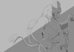 absurd_res anthro bovid caprine caprine_demon cornered dead_by_daylight demon duo dwight_fairfield goat_demon gravitysinning hi_res human male male/male mammal monochrome pecs side_view size_difference smaller_human towering trapper_(dead_by_daylight)