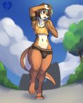  2018 armband blue_eyes bulge clothing detailed_background earbuds girly hand_on_head headphones looking_aside male mammal midriff mustelid nature otter running_shorts shirt solo sweat tank_top tree tyroo watermark 