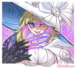  1girl absurdres blonde_hair breasts diabellze_of_the_original_sin duel_monster fingernails gloves hat high_collar highres just_dreamo large_breasts long_fingernails long_hair long_sleeves looking_at_viewer multicolored_hair open_mouth smile solo witch_hat yu-gi-oh! 