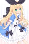  apron black_bow black_ribbon blonde_hair blue_dress bow collared_dress cowboy_shot dress green_eyes highres mononobe_alice mononobe_alice_(1st_costume) nijisanji puffy_sleeves ribbon simple_background virtual_youtuber white_apron white_background yottacc 