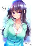  bangs blush breasts cardigan cleavage collarbone collared_shirt dress_shirt eyebrows_visible_through_hair green_cardigan hair_between_eyes hand_on_own_chest hand_up highres large_breasts long_hair long_sleeves mokufuu original parted_lips purple_eyes purple_hair school_uniform shirt sleeves_past_wrists solo spoken_blush twitter_username upper_body very_long_hair white_background white_shirt 