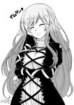  1girl breasts closed_eyes closed_mouth cowboy_shot dress facing_viewer greyscale hand_on_own_cheek hand_on_own_face head_tilt hijiri_byakuren large_breasts layered_dress long_hair long_sleeves monochrome simple_background solo tatsuya_(guild_plus) touhou 