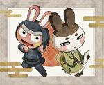  2boys :d animal_crossing arm_up black_eyes black_sash blue_kimono blue_pants blush blush_stickers border brown_headwear calligraphy_brush closed_mouth commentary_request egasumi expressionless furry furry_male genji_(animal_crossing) green_kimono grey_border hat hat_on_back highres holding holding_calligraphy_brush holding_paper holding_shuriken holding_weapon hood hood_up japanese_clothes kaji_(oni_atat) kimono long_sleeves looking_at_viewer multiple_boys ninja open_mouth outside_border paintbrush pants paper rabbit_boy rice_hat sash seigaiha short_kimono shuriken simple_background smile snake_(animal_crossing) unworn_hat unworn_headwear weapon white_background wide_sleeves 