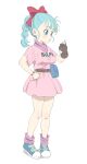  1girl belt blue_eyes blue_hair blush bow braid braided_ponytail breasts brown_gloves bulma character_name dragon_ball dragon_ball_(classic) dress fanny_pack full_body gloves hair_bow hair_ornament hair_ribbon hand_on_own_hip highres long_hair medium_breasts open_mouth pink_dress pink_socks ribbon scarf shoes short_dress short_sleeves simple_background sincos single_braid single_glove skirt sneakers socks solo standing watch white_background wristwatch 