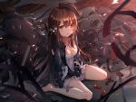  bangs barefoot black_gloves black_hat black_jacket blurry blurry_foreground blush brown_eyes brown_hair commentary_request criss-cross_halter depth_of_field dress eyebrows_visible_through_hair fingerless_gloves girls_frontline gloves hair_between_eyes half-closed_eye halterneck hands_on_lap hat heterochromia jacket long_hair looking_at_viewer m1014_(girls_frontline) open_clothes open_jacket open_mouth own_hands_together puddle red_eyes seero short_dress shotgun_shells sitting solo tilted_headwear uneven_eyes very_long_hair wariza water white_dress 