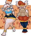 absurd_res anthro barefoot big_breasts breasts cinderace clothed clothing digital_media_(artwork) duo eyewear feet female female/female fur generation_8_pokemon glasses hair hi_res kate_(kiss_the_carrot) kira_(kiss_the_carrot) kiss_the_carrot lagomorph leporid looking_at_viewer mammal nerd nintendo open_mouth pokemon pokemon_(species) rabbit scorbunny shaded simple_background smile tail thick_thighs toes white_body white_fur