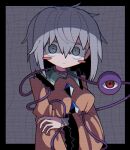  1girl absurdres alternate_breast_size asphyxiation bags_under_eyes breasts choking_on_object empty_eyes frilled_shirt_collar frilled_sleeves frills green_eyes grey_hair highres komeiji_koishi looking_at_viewer medium_breasts medium_hair third_eye tile_wall tiles touhou zunusama 