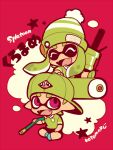  .96_gal_(splatoon) 1boy 1girl backwards_hat beanie black_shorts chibi chibi_only fangs green_hair green_shirt hat inkling inkling_boy inkling_girl inkling_player_character kotorai no_nose open_mouth pink_eyes pom_pom_(clothes) pom_pom_beanie red_background shirt shorts signature sitting splat_roller_(splatoon) splatoon_(series) splatoon_1 star_(symbol) thick_eyebrows translation_request 