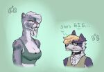 anthro blonde_hair border_collie breasts canid canine canis clothing collar collie crop_top dean_(drako1997) domestic_dog duo eyewear fangs felid female fur glasses grey_body grey_fur hair herding_dog hi_res katzenkompf larger_female male mammal pantherine pastoral_dog purple_body purple_fur saber-toothed_tiger sabertooth_(anatomy) sheepdog shirt size_difference smaller_male snow_leopard tank_top teeth thoughts topwear white_hair