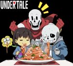  1other 2boys =_= androgynous basil_leaf black_background blue_jacket blue_shirt brothers brown_hair bulging_eyes cape cel_shading child clenched_hands closed_eyes commentary copyright_name copyright_notice eating facing_viewer flower flowey_(undertale) food food_in_mouth food_on_face fork frisk_(undertale) gloves grin hands_up highres holding holding_fork hood hood_down hooded_jacket jacket kamezaemon long_sleeves male_focus multiple_boys no_nose notice_lines one_eye_closed open_clothes open_jacket open_mouth papyrus_(undertale) pasta plate red_cape red_gloves sans shirt short_hair siblings simple_background skeleton smile solid_oval_eyes spaghetti sweat undertale upper_body white_shirt yellow_flower zipper 