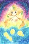  :3 brown_eyes closed_mouth commentary jirachi light_blush light_smile multicolored_background no_humans painting_(medium) pokemon pokemon_(creature) shura_skill space star_(symbol) third-party_source traditional_media watercolor_(medium) 