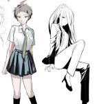  2girls ahoge black_skirt black_socks brown_hair collared_shirt danganronpa_(series) danganronpa_2:_goodbye_despair genderswap genderswap_(mtf) green_necktie grey_shirt hair_over_one_eye high_heels hinata_hajime invisible_chair jacket kamukura_izuru knee_up kneehighs long_hair miniskirt multiple_girls necktie open_clothes open_jacket pants pleated_skirt shirt shirt_tucked_in shoes short_sleeves sitting skirt socks usu_ko 