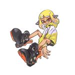  1girl agent_4_(splatoon) arm_between_legs between_legs bike_shorts black_footwear black_shorts blonde_hair full_body headgear highres inkling inkling_girl inkling_player_character jacket large_shoes long_sleeves red_eyes shoes short_hair shorts simple_background single_vertical_stripe solo splatoon_(series) splatoon_2 tentacle_hair thenintlichen96 white_background 