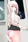  1girl ass black_skirt blush breasts closed_mouth commentary_request cowboy_shot highres large_breasts long_sleeves looking_at_viewer looking_back oouso original panties pink_panties pleated_skirt red_eyes shirt skirt skirt_hold solo thighs train_interior twintails underwear white_hair white_shirt 
