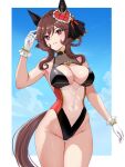  1girl alternate_costume animal_ears blue_sky blush border breasts brown_hair cleavage commentary_request cowboy_shot ear_covers ear_ornament gentildonna_(umamusume) gloves hair_between_eyes highleg highleg_swimsuit highres horse_ears horse_girl horse_tail large_breasts looking_at_viewer medium_hair navel one-piece_swimsuit outdoors parted_lips red_eyes sky smile swimsuit tail thigh_gap tsukiyuki_mike umamusume white_border white_gloves 