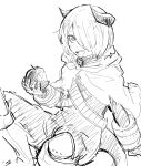  1boy :d absurdres apple blush cape doki_(shy) food fruit greyscale hair_over_one_eye highres holding holding_food hood hooded_cape horns knees_up monochrome sharp_teeth short_hair shy_(series) sitting smile solo takatisakana teeth torn_cape torn_clothes 