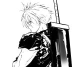  1boy armor buster_sword closed_mouth cloud_strife final_fantasy final_fantasy_vii from_side greatsword greyscale hair_between_eyes kakeami male_focus monochrome profile simple_background solo spiked_hair sword upper_body weapon weapon_on_back 