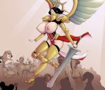 angel anthro areola armor big_breasts black_hair breasts brown_background canid canine canis darkminou disney domestic_dog exposed_breasts female goblin green_eyes group hair holding_object holding_sword holding_weapon huge_breasts human humanoid male mammal melee_weapon mickey_mouse mouse murid murine nipples pink_areola pink_nipples rodent saint_celestine shiba_inu simple_background smile spitz ssethtzeentach sword tan_body tan_skin thick_thighs warhammer_(franchise) warhammer_40000 weapon wide_hips winged_humanoid wings