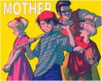  1girl 3boys ana_(mother) baseball baseball_bat baseball_cap baseball_mitt black_headwear bow copyright_name dress freckles glasses grin hair_bow hat highres holding holding_baseball_bat kwsby_124 lloyd_(mother) mother_(game) mother_1 multiple_boys ninten open_mouth own_hands_together pink_dress red_bow red_headwear red_shirt shirt short_sleeves short_twintails shorts simple_background smile striped_clothes striped_shirt sunglasses sweat teddy_(mother) twintails yellow_background 