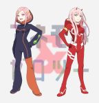  anemone_(eureka_seven) background_text black_bodysuit bodysuit breasts commentary_request crossover darling_in_the_franxx eureka_seven_(series) eyeliner eyeshadow full_body green_eyes hair_ornament hairband hairclip high_heels highres horns kurenai_cho legs_apart makeup medium_breasts multiple_girls oni_horns pilot_suit pink_eyes pink_hair purple_eyes red_bodysuit red_horns straight_hair white_hairband zero_two_(darling_in_the_franxx) 