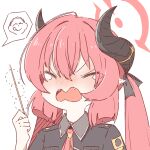  1boy 1girl 2657314861 black_horns blue_archive blush closed_eyes crying dango demon_horns doodle_sensei_(blue_archive) food hair_between_eyes halo highres holding horns junko_(blue_archive) licking_lips necktie open_mouth pointy_ears red_hair red_halo red_necktie sensei_(blue_archive) shirt simple_background tongue tongue_out twintails wagashi white_background 