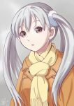  1girl artist_name brown_coat brown_eyes close-up coat commentary dated grey_background grey_hair hair_between_eyes huumoon long_hair looking_at_viewer monogatari_(series) oikura_sodachi one-hour_drawing_challenge owarimonogatari parted_lips portrait scarf scrunchie signature solo twintails upper_body white_scrunchie winter_clothes yellow_scarf 