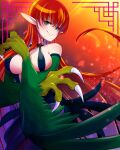  1girl animal_hands bare_shoulders breasts claws colour-disaster duel_monster feathered_wings feathers green_eyes green_feathers green_wings grin harpie_lady harpy highres large_breasts long_hair looking_at_viewer monster_girl orange_hair parted_lips pointy_ears smile solo very_long_hair winged_arms wings yu-gi-oh! 