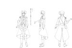  aiguillette armor bangs belt boots character_sheet coat coattails cultlery_(senjuushi) from_behind full_body gloves hair_between_eyes hat highres knee_boots lineart majiro_(mazurka) male_focus monochrome multiple_views official_art senjuushi:_the_thousand_noble_musketeers short_hair shoulder_armor sidelocks standing translation_request transparent_background turnaround 