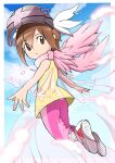  1girl angewomon brown_eyes brown_hair cloud commentary_request digimon digimon_adventure energy_wings feathered_wings floating head_wings helmet highres looking_at_viewer looking_back pants pink_pants pink_scarf scarf shingetsu_(doru0222) shirt short_hair sleeveless sleeveless_shirt solo whistle wings yagami_hikari yellow_shirt 