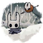 alicezakat angry anthro arthropod ashes big_head bodily_fluids bottomwear cloak clothing duo empty_eyes female fight fleeing forest hollow_knight horn hornet_(hollow_knight) humor insect jumping male nail_(weapon) plant running skirt snow sweat team_cherry the_knight_(hollow_knight) tree vessel worried