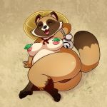  2018 anthro areola breasts brown_fur canine eyes_closed fangs female fur ineffective_censoring lonbluewolf mammal multicolored_fur nipples nude open_mouth pussy solo tanuki teeth tongue 