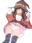  black_hair black_legwear blue_eyes bow bow_panties bowtie caburi commentary_request frilled_skirt frills gloves halloween halloween_costume hat highres kantai_collection long_hair long_sleeves one_eye_closed open_mouth orange_bow orange_ribbon panties ribbon shirt simple_background skirt striped striped_legwear suspenders thighhighs underwear white_background white_gloves white_shirt witch witch_hat 