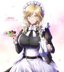  1girl :d ade_(nikke) ahoge apron belt black_belt black_dress blonde_hair bow bowtie braid breasts checkerboard_cookie commentary_request cookie copyright_name cowboy_shot cupcake dress eyewear_strap food glasses goddess_of_victory:_nikke green_eyes highres holding holding_plate holding_teapot ichijo_ahuro juliet_sleeves large_breasts long_sleeves looking_at_viewer macaron maid maid_apron maid_headdress open_mouth parted_bangs plate puffy_sleeves sidelocks smile solo teapot white_apron white_bow white_bowtie yellow-framed_eyewear 