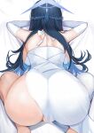  1girl absurdres ass bed_sheet black_hair blue_archive blue_hair breasts colored_inner_hair commentary dress elbow_gloves fluffyebi01 from_behind gloves halo highres large_breasts long_hair multicolored_hair no_panties official_alternate_costume saori_(blue_archive) saori_(dress)_(blue_archive) see-through solo strapless strapless_dress symbol-only_commentary white_dress white_gloves 