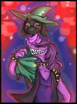  2018 abstract_background anthro black_fur blush caprine claws clothed clothing collar deltarune digital_media_(artwork) duo eyes_closed eyewear female fully_clothed fur glasses goat grin hair hair_over_eyes hat larger_female lizard male mammal middry monster on_shoulder paws purple_background purple_hair purple_scales ralsei red_background reptile robe scales scalie scarf sharp_teeth shirt signature simple_background size_difference smaller_male smile snout spiked_collar spikes susie_(deltarune) teeth tree witch_hat 