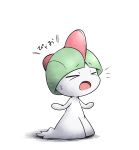  closed_eyes eyebrows_visible_through_hair full_body gen_3_pokemon green_hair hands_up kashiwa_(3920kashiwa) no_humans notice_lines open_mouth pokemon pokemon_(creature) ralts simple_background solo standing sweat translation_request white_background white_skin 