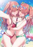  2girls bikini blush bow breast_press breasts brown_hair choker eyewear_on_head green_choker hair_bow hair_ornament hair_over_one_eye heart heart-shaped_eyewear highres hug kneeling kouzuki_tsubasa_(musou_kaidou) large_breasts long_hair looking_at_viewer moe2024 multiple_girls nail_polish navel original outdoors partially_submerged red_choker selfie siblings smile star-shaped_eyewear swimsuit tongue tongue_out twins twintails v yellow_eyes 