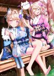  2girls :3 absurdres animal_ear_fluff animal_ears animal_hands barefoot belt black_sash blonde_hair blue_belt blue_eyes blue_hair blue_kimono blush breasts calligraphy_brush dog_ears dog_girl dog_paws dog_tail fangs flower fuwawa_abyssgard fuwawa_abyssgard_(new_year) hair_flower hair_ornament highres holding holding_calligraphy_brush holding_paintbrush hololive hololive_english japanese_clothes kimono large_breasts long_hair looking_at_viewer medium_hair mococo_abyssgard mococo_abyssgard_(new_year) multicolored_hair multiple_girls muraryuen obi official_alternate_costume one_eye_closed paintbrush perroccino_(fuwamoco) pink_belt pink_eyes pink_hair pink_kimono ponytail sash siblings sisters skin_fangs sleeveless sleeveless_kimono small_breasts smile streaked_hair tail thigh_strap twins twintails virtual_youtuber 