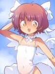  1girl :d ahoge angel_wings armpits bare_shoulders blue_sky blush bow breasts cloud covered_navel day dress feathered_wings hair_bow hair_ribbon highres looking_at_viewer navel open_mouth orenji_(wholesomeorenji) original outdoors pink_hair ribbon short_hair sky small_breasts smile solo swimsuit white_dress white_wings wings yellow_eyes 